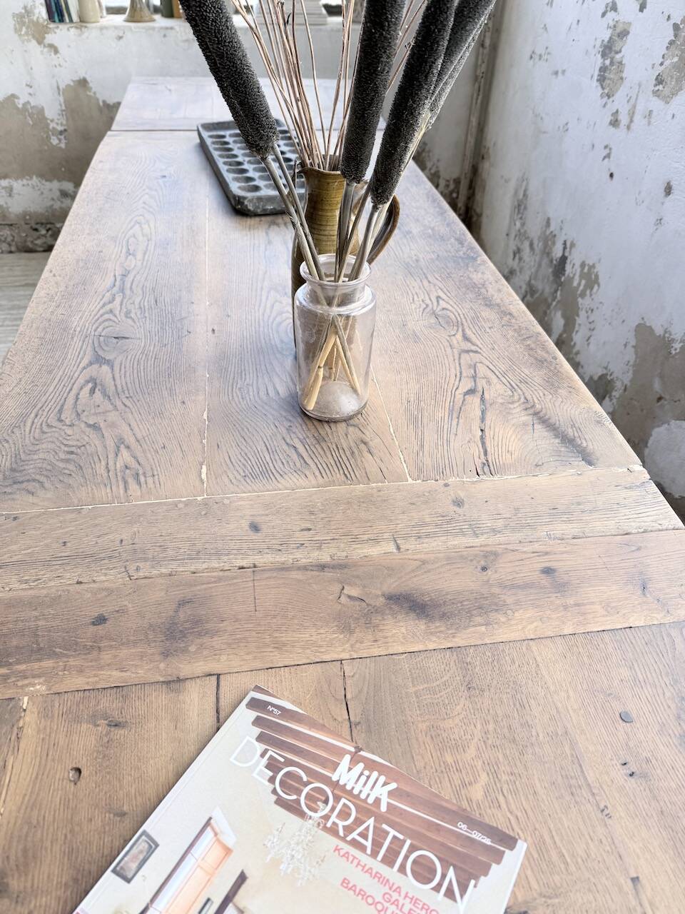 Solid oak farmhouse table with integrated extensions 1950