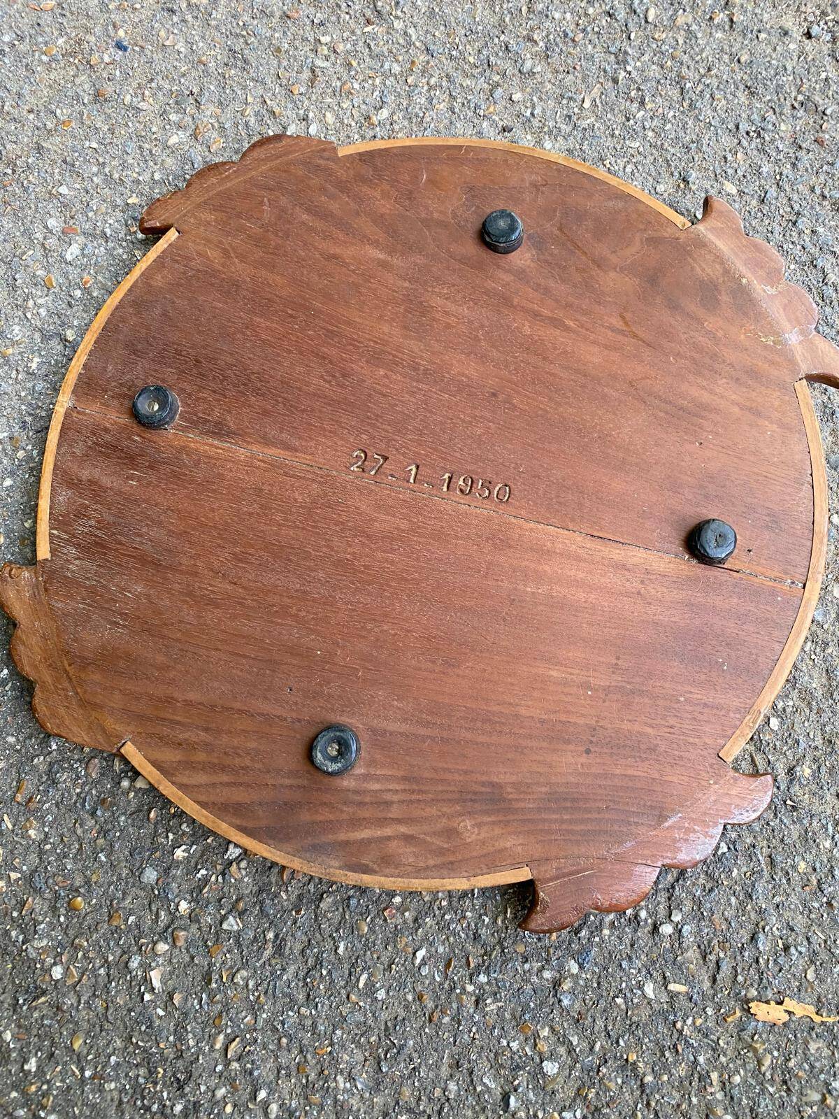 Vintage round art deco breakfast tray in solid wood 1950