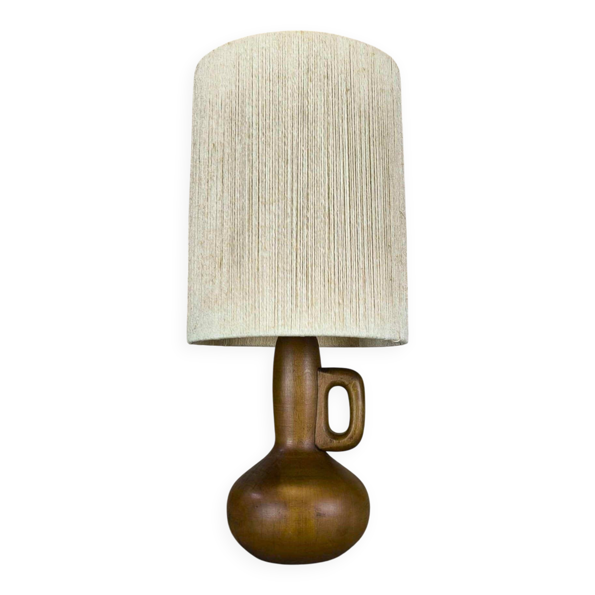 Vintage wooden table lamp with a wool shade.