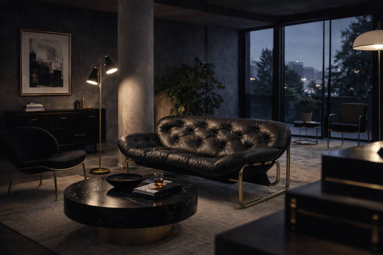 Vintage Mid-Century Scandinavian Modern Glamour Leather Black & Gold Sofa