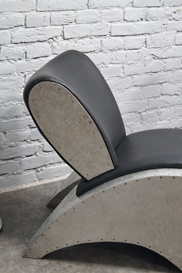 Chaise de salon en aluminium industriel et en vinyle avec repose-pieds, années 1970