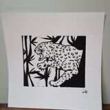 Woodcut engraving original print stamped numbered jaguard pattern