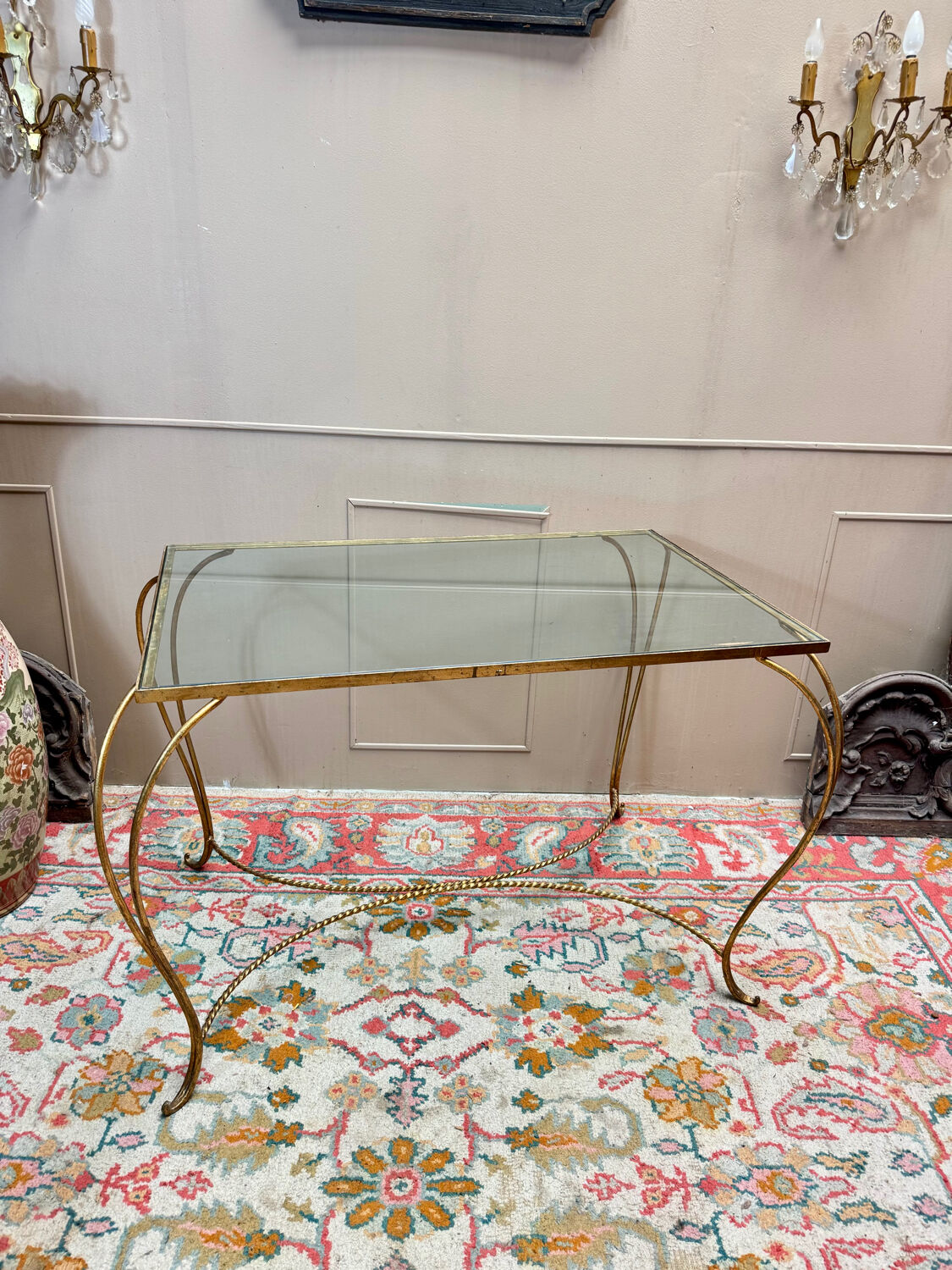 Golden wrought iron console table circa 1950
