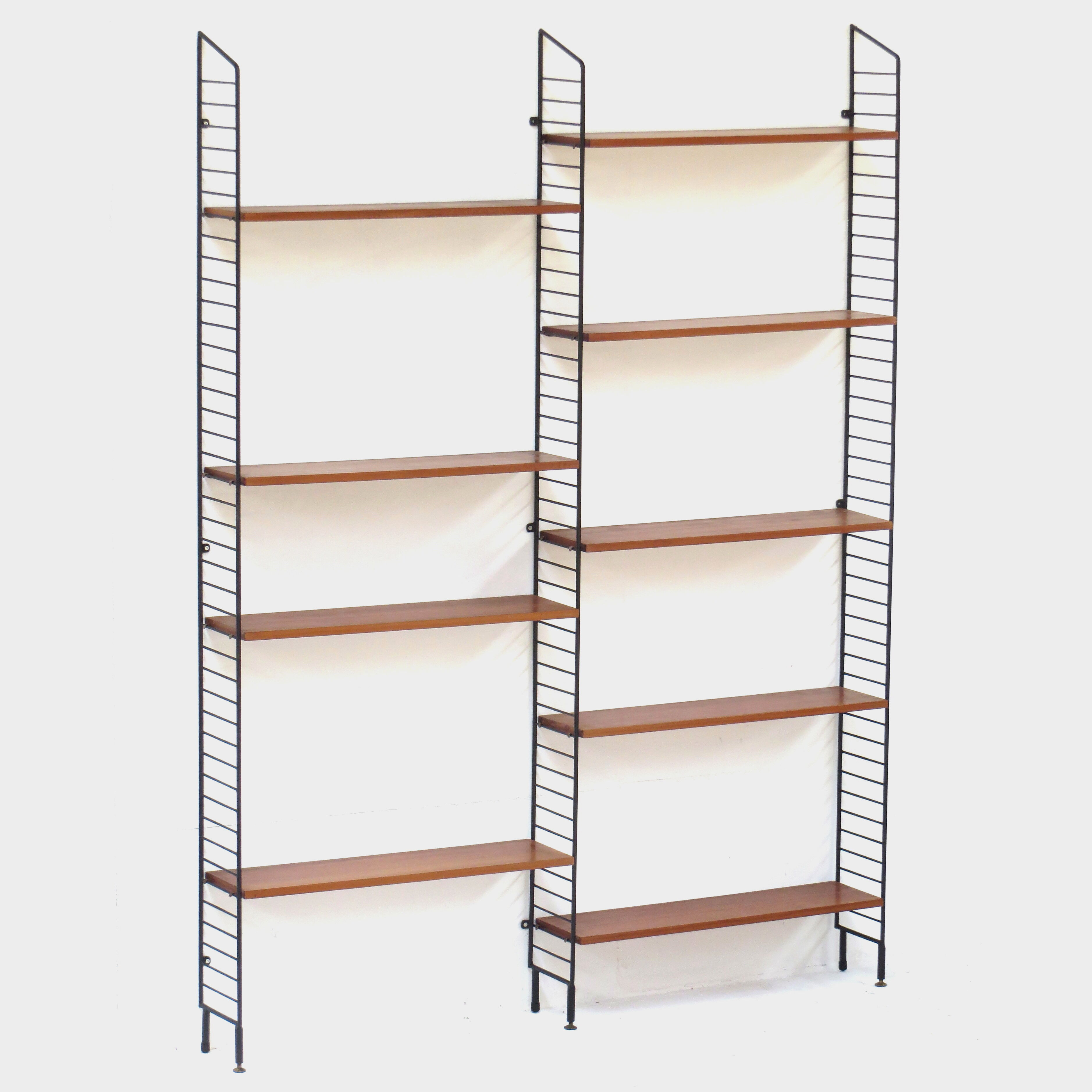 Mid century Wall Unit Shelving System in teak with black metal bookshelf supports
