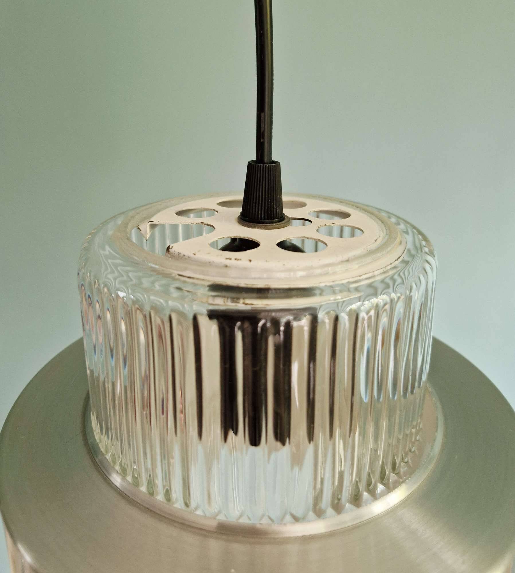 Scandinavian pendant light in grooved transparent glass and brushed aluminum, 1960