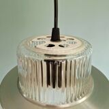 Scandinavian pendant light in grooved transparent glass and brushed aluminum, 1960
