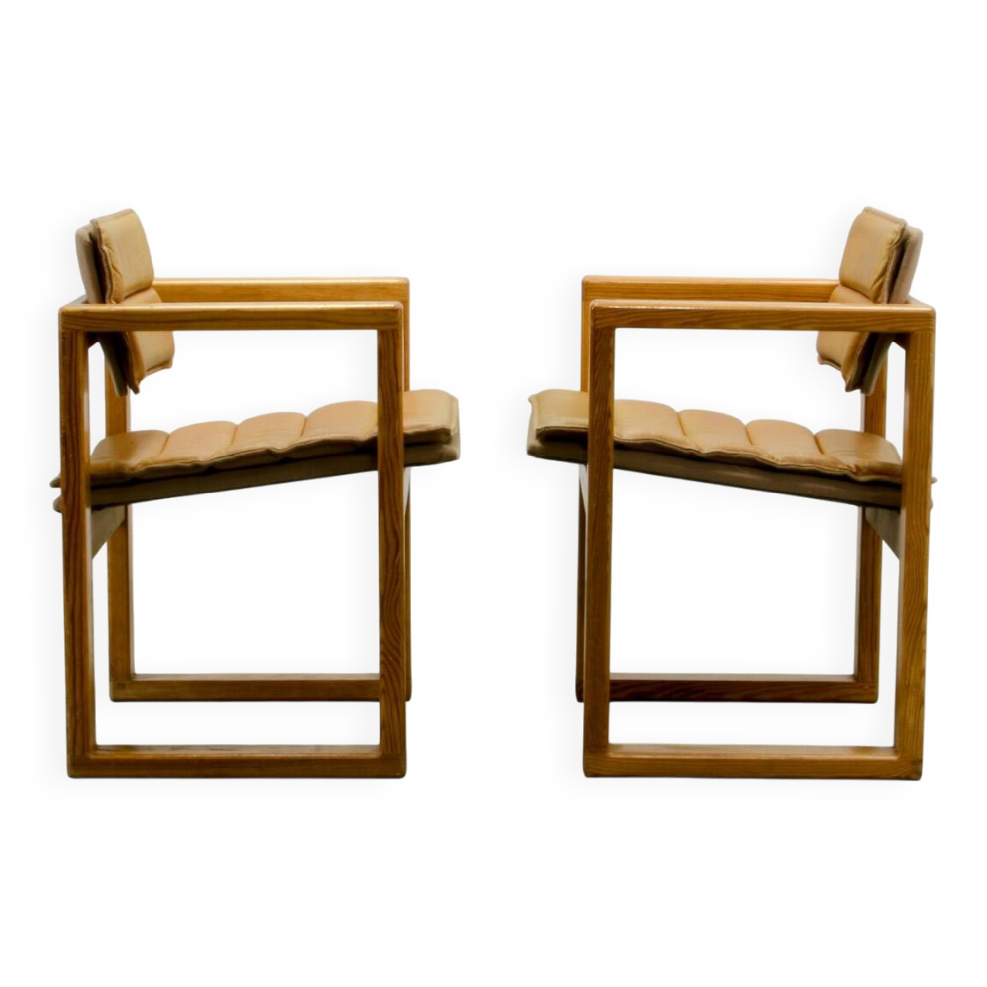 Set of Camel Leather Cubic Pinewood Side Chairs by Ate van Apeldoorn 1970s