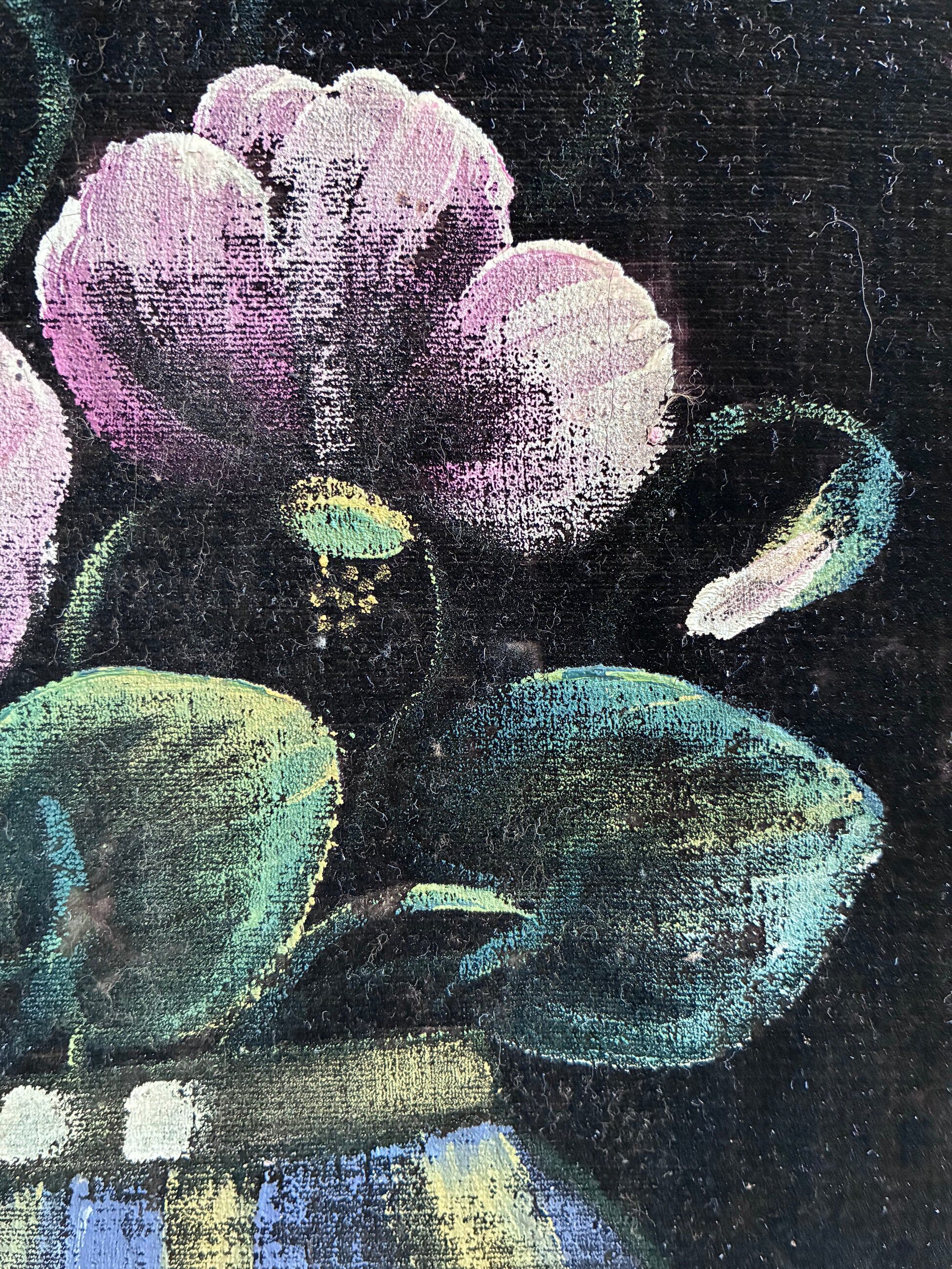 Set vintage original velvet flower oil painting, pair of flower still life art