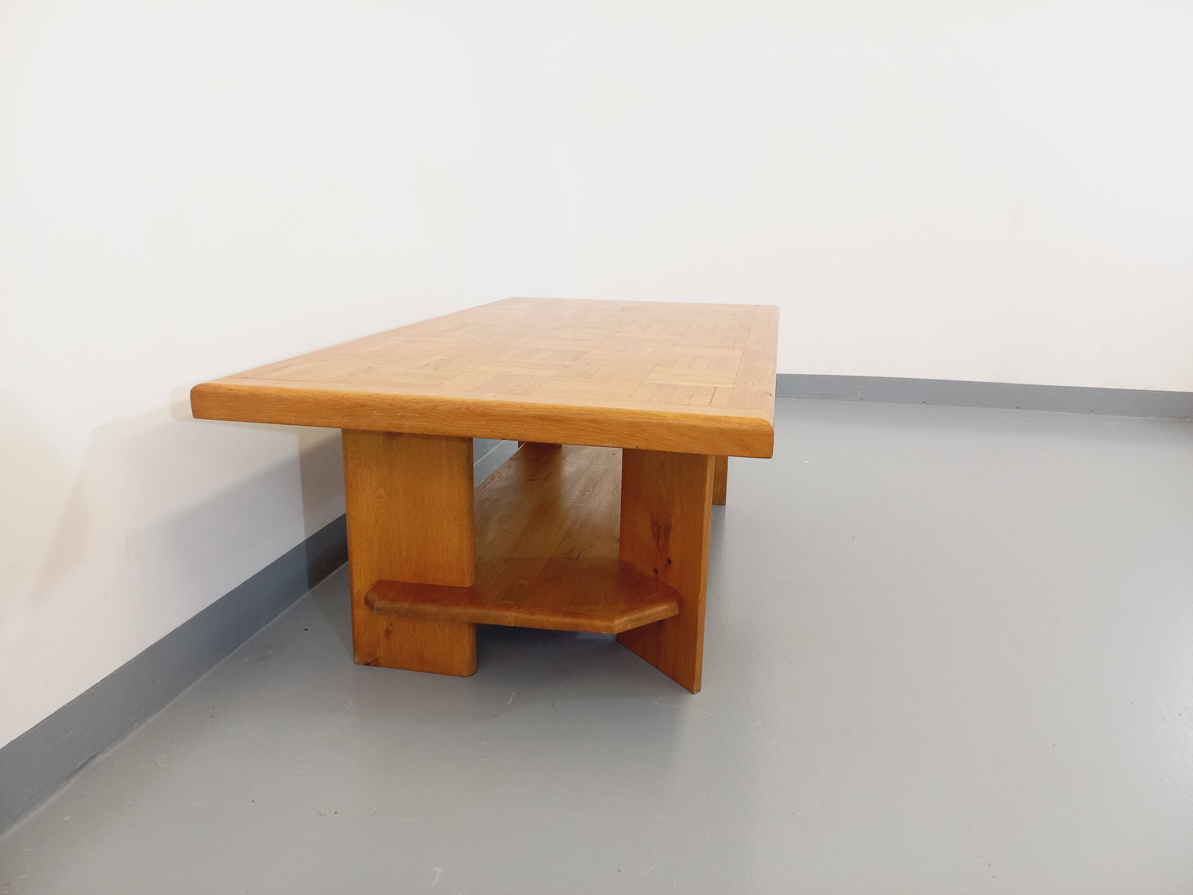 Vintage solid oak coffee table from the 70s 80s Perriand Regain Chapo style