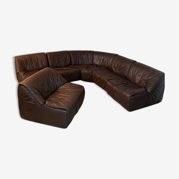 Large modular sofa with brown leather armchair 80s design dreipunkt vintage sofa