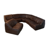 Large modular sofa with brown leather armchair 80s design dreipunkt vintage sofa
