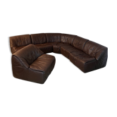Large modular sofa with brown leather armchair 80s design dreipunkt vintage sofa