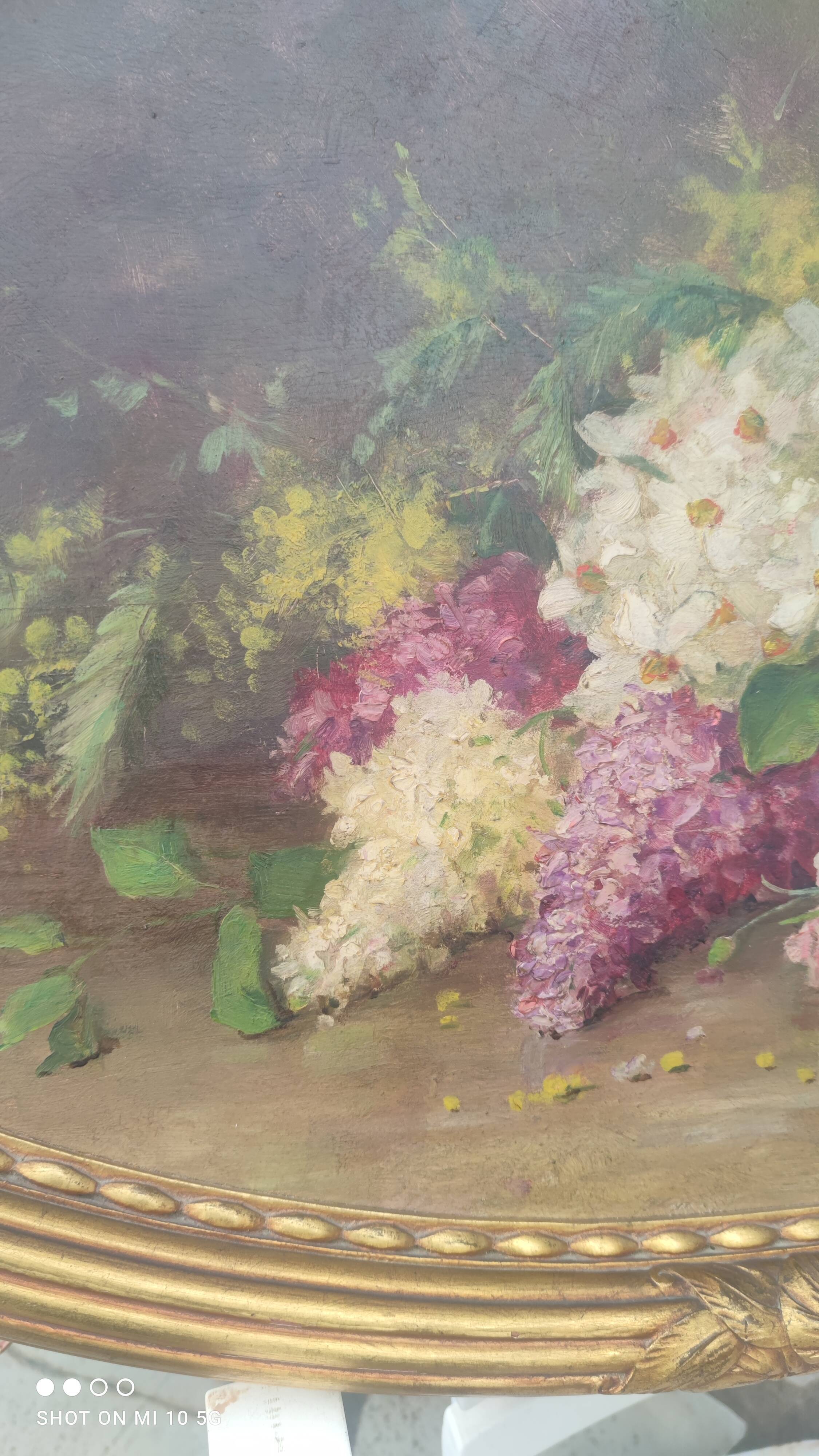 Elliptical table still life bouquet of flowers oil on wood by Lillie Honnorat