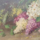 Elliptical painting still life bouquet of flowers oil on wood by Lillie Honnorat