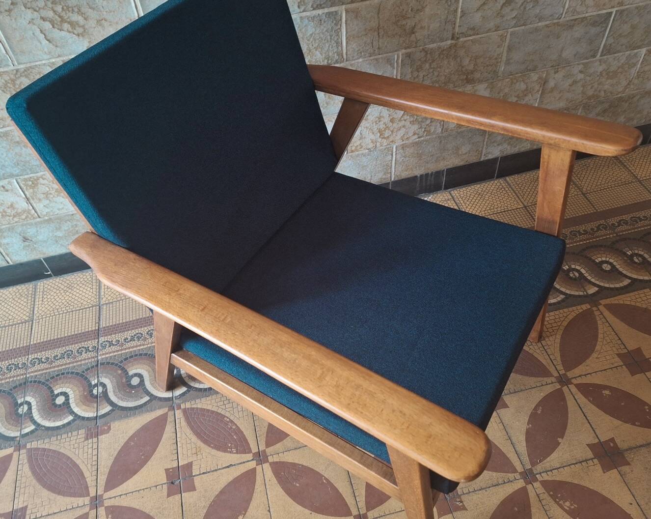 Danish teak lounge chair with sea blue-green fabric, 1960s