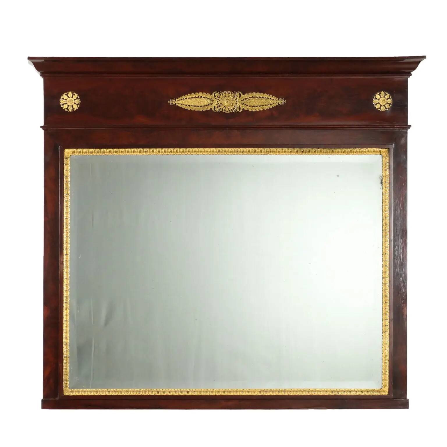 Antique Empire fireplace mirror in mahogany with a bronze frame, Italy, 19th century.