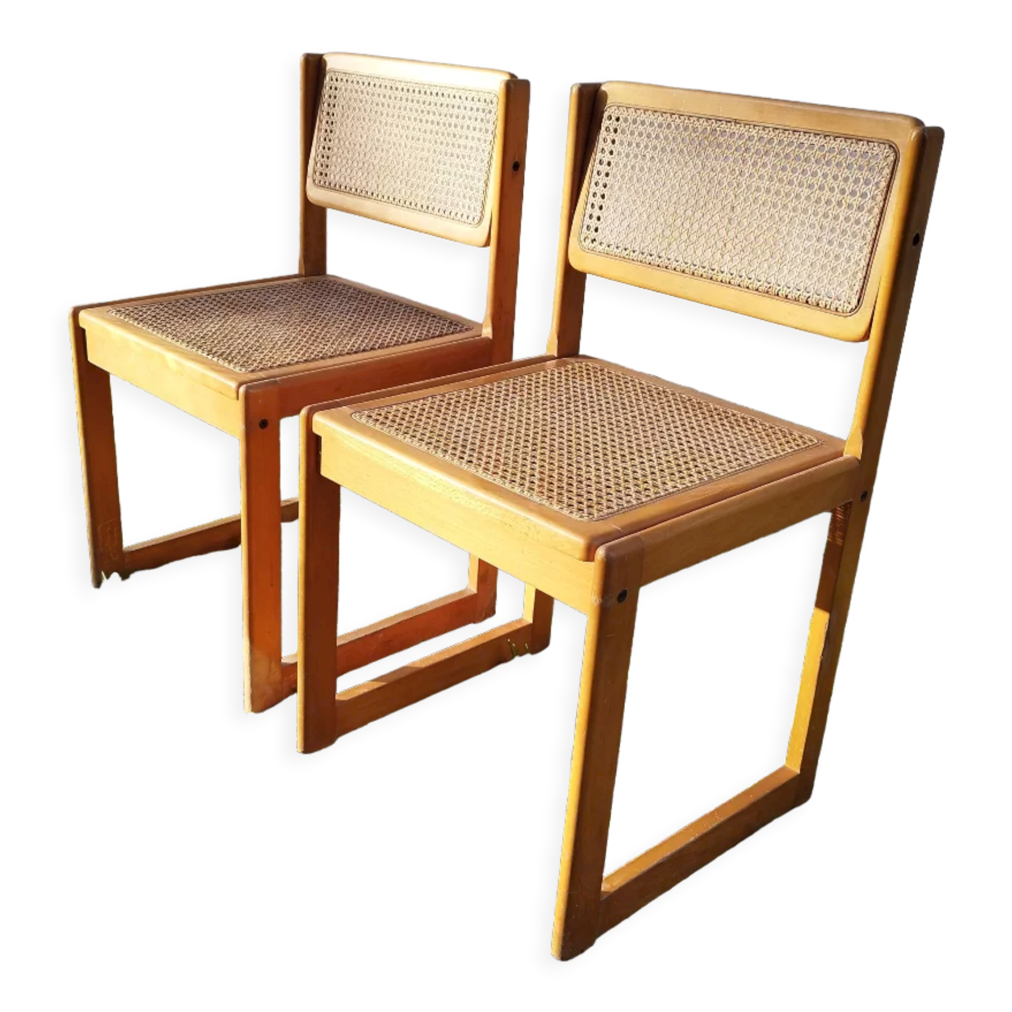 Pair of vintage varnished wood tanned chairs