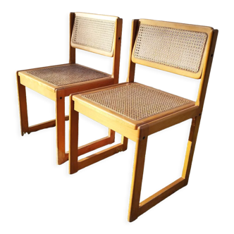 Pair of vintage varnished wood tanned chairs