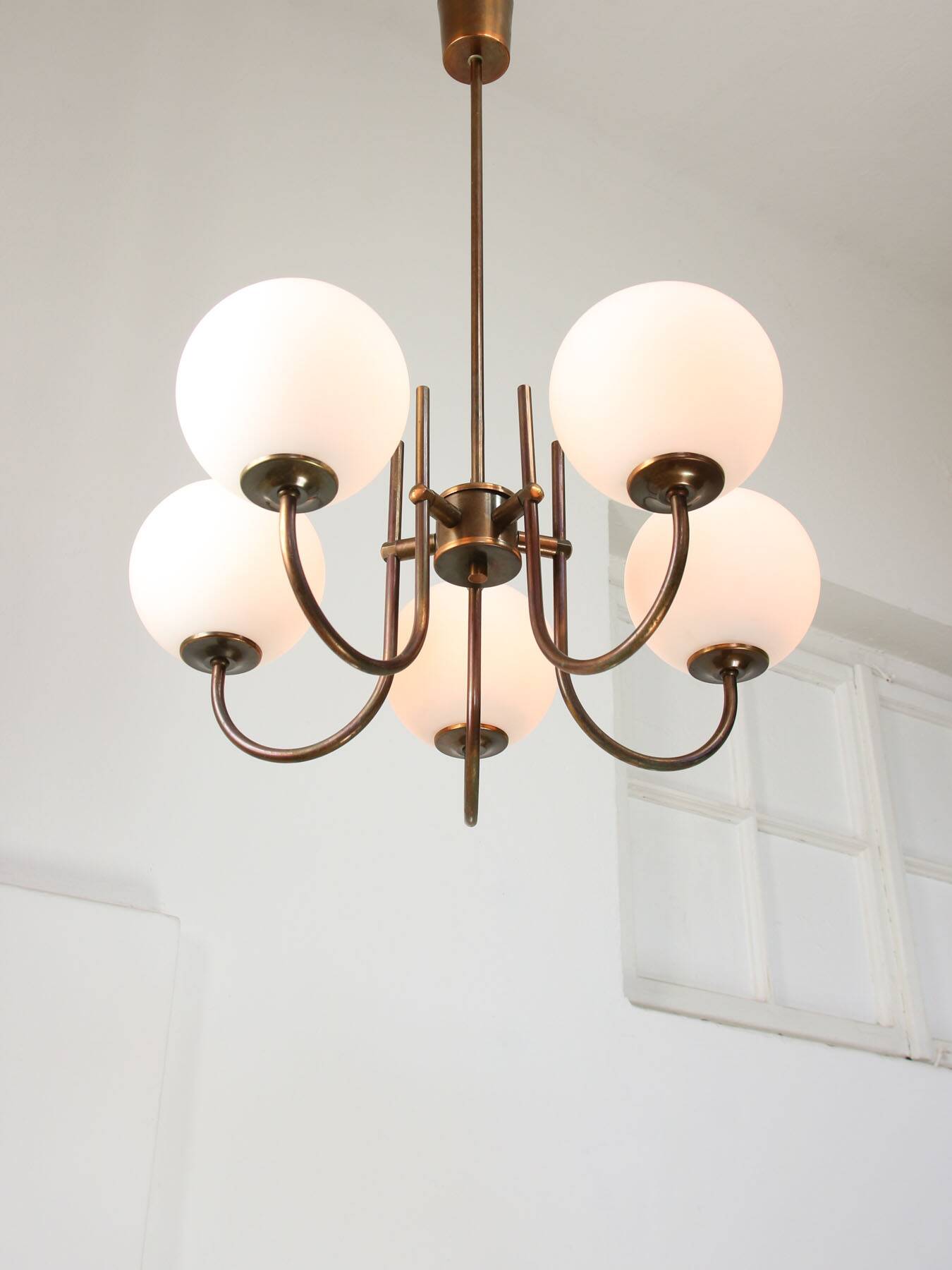 Vintage Italian Brass and Opaline Chandelier in Copper Color, 70s