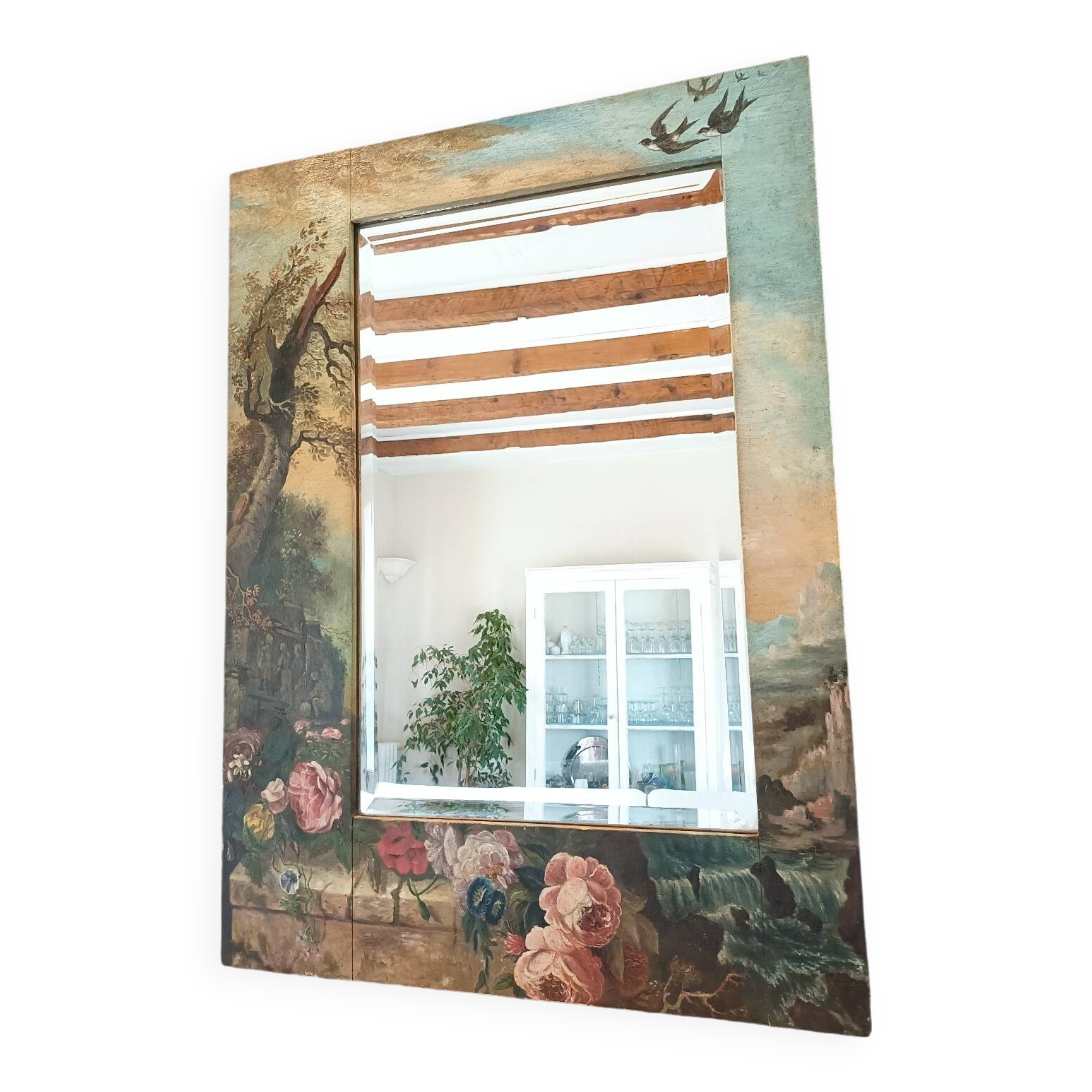 Very large mirror painted in Victorian style.