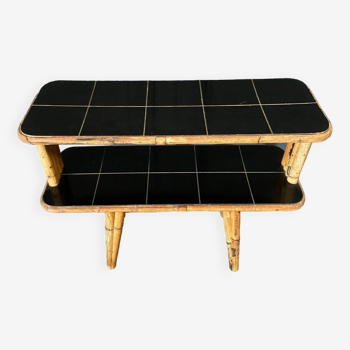 End table coffee table in rattan and black ceramic tiles 1960