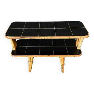 Console, table d'appoint en rotin et carreaux de céramique noire 1960