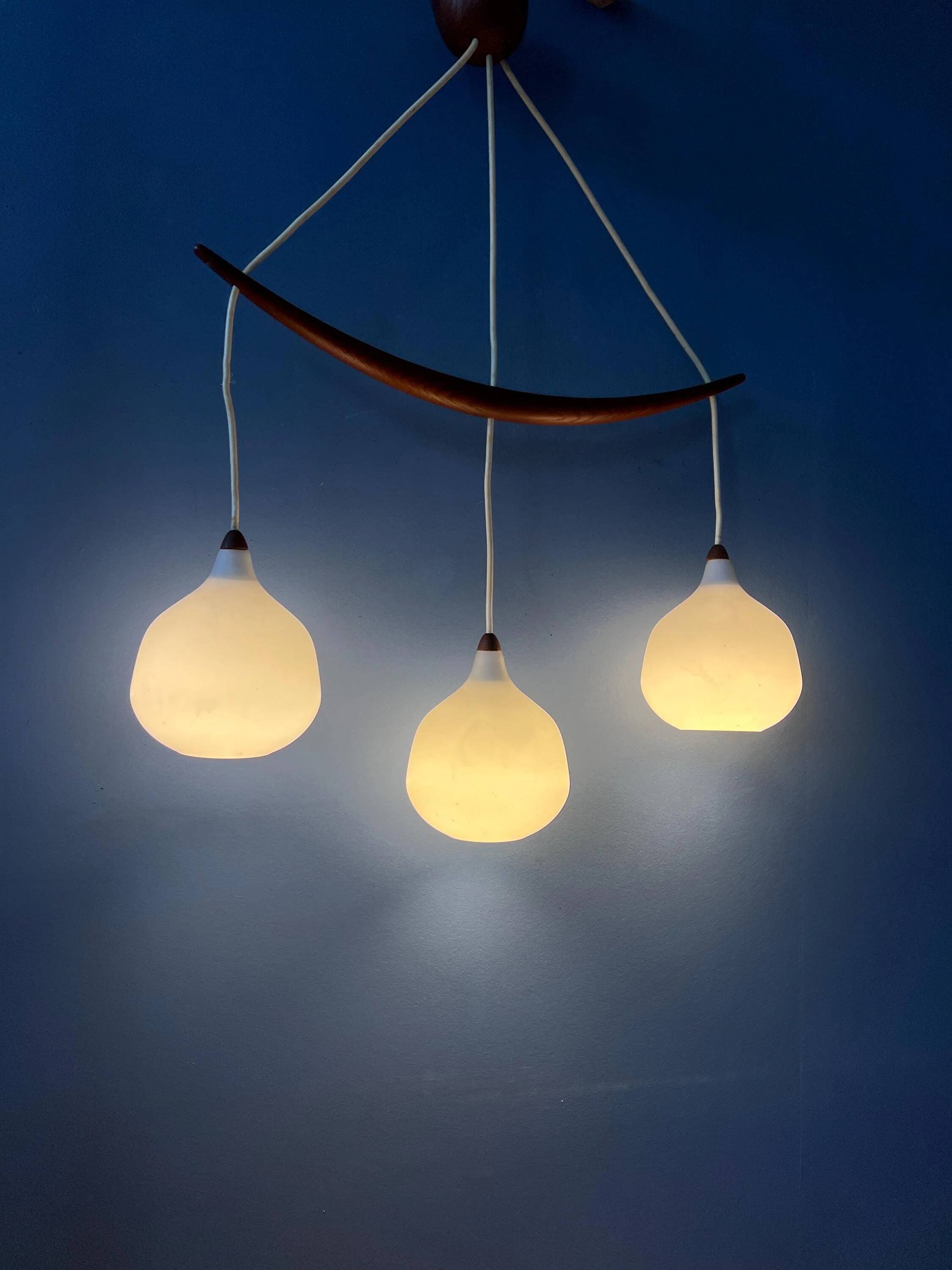 Teak wood and opaline glass chandelier 512 by Uno & Östen Kristiansson for Luxus, Sweden
