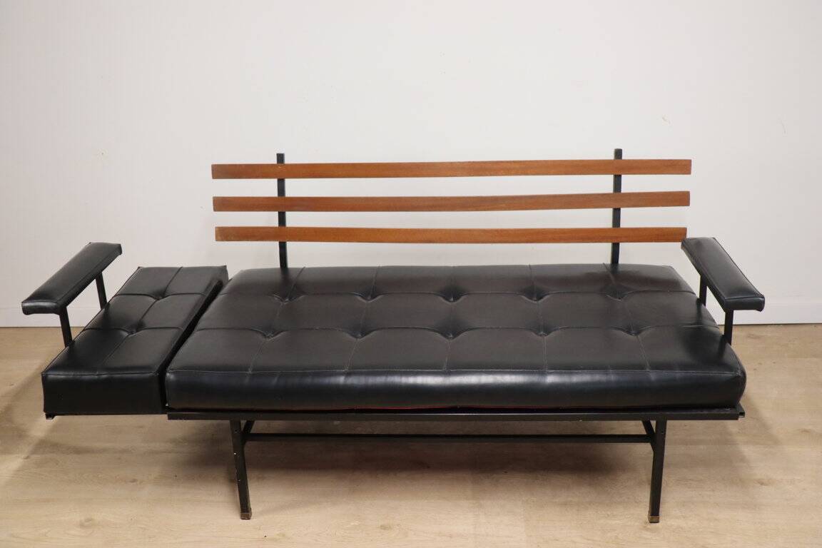 Vintage "Daybed" sofa bench in metal and imitation leather, 1950