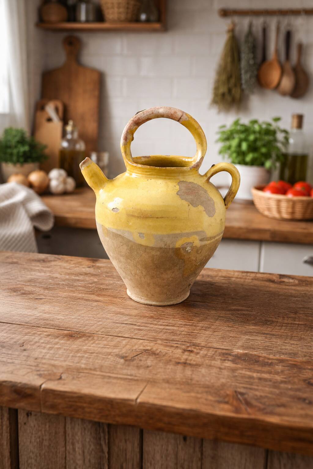 Ancient yellow glazed terracotta jug – South of France – early 10th century