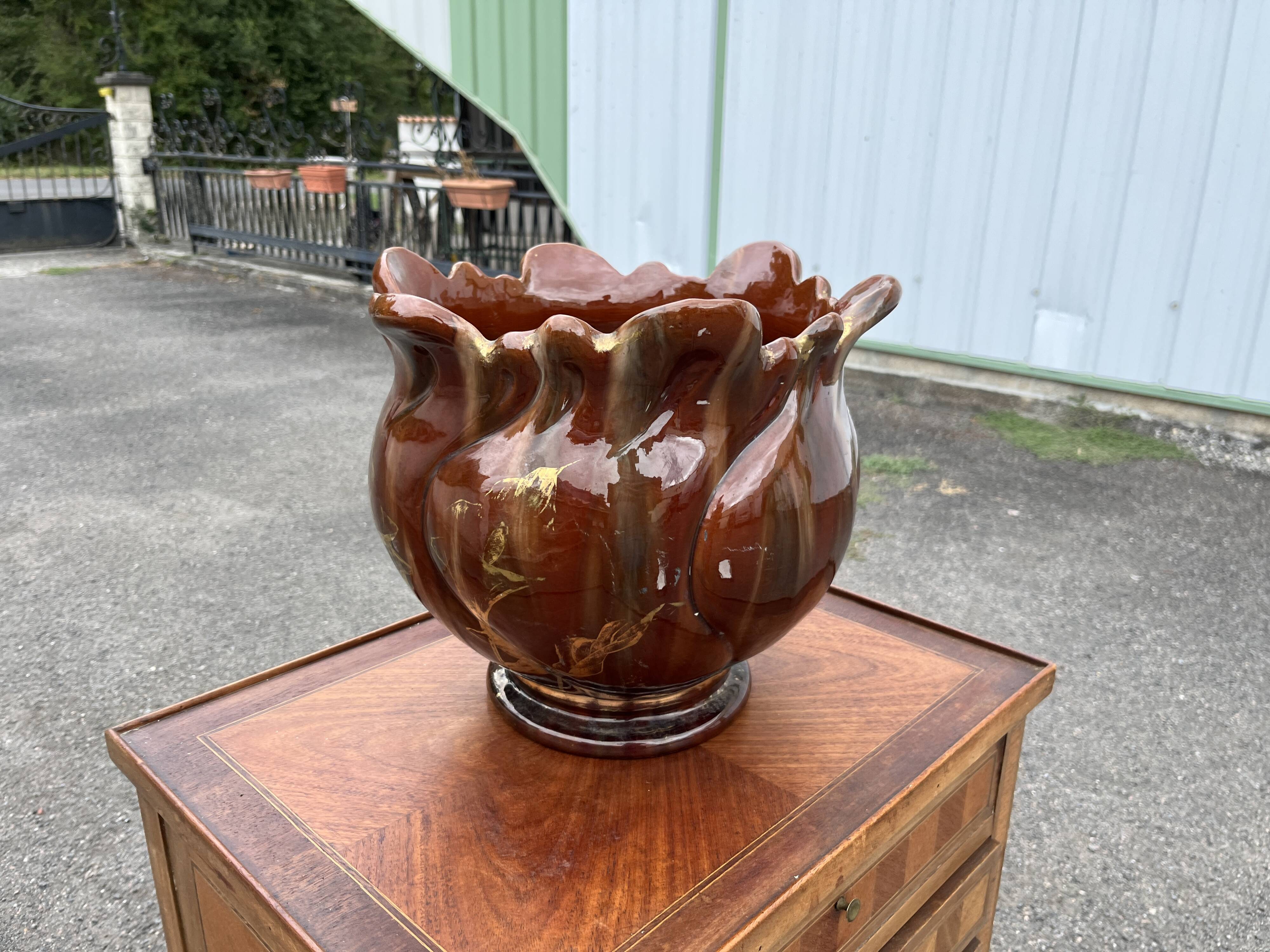 Flamed ceramic planter – in the style of Massier