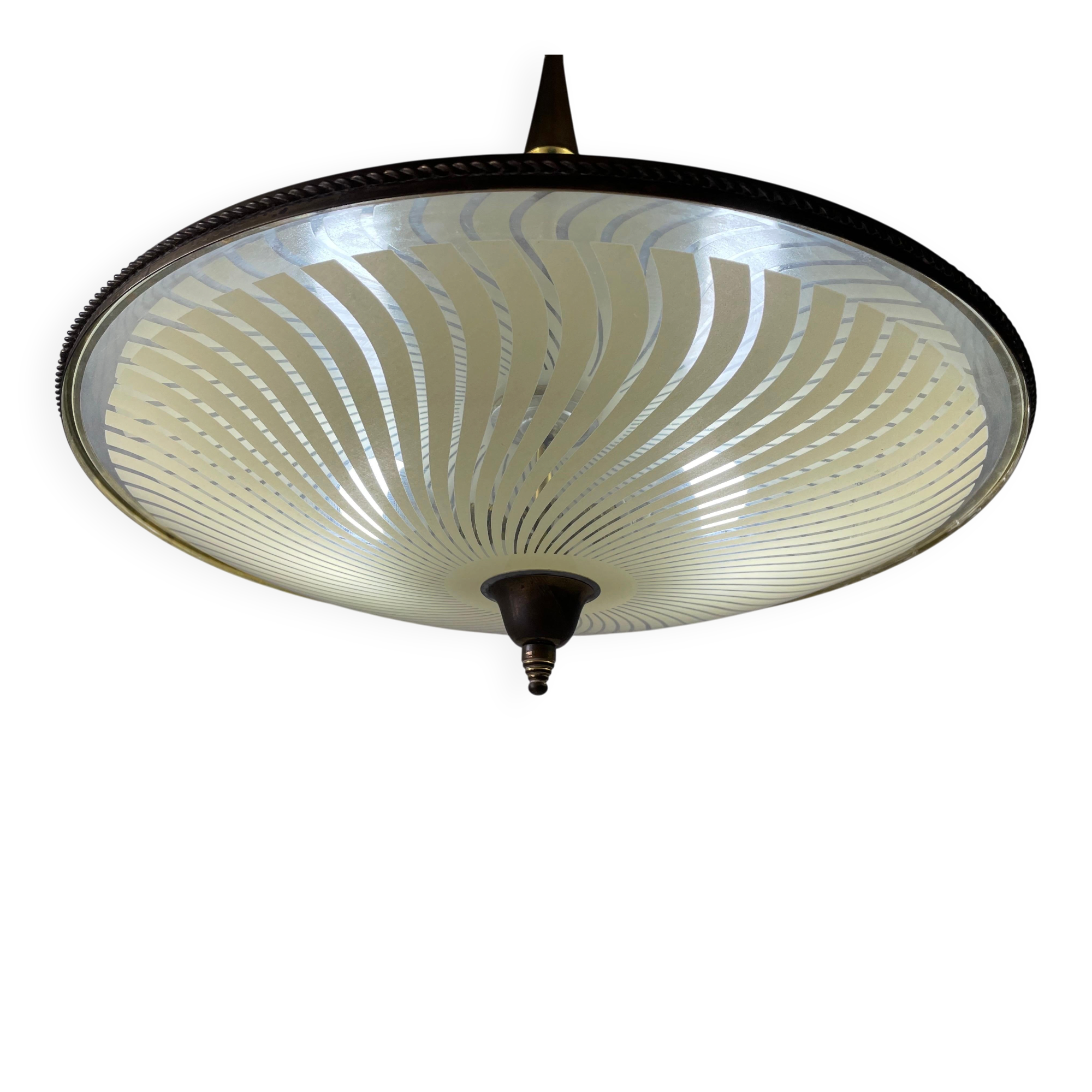 Large UFO design ceiling light in brass and printed glass, 1950s, Italy.