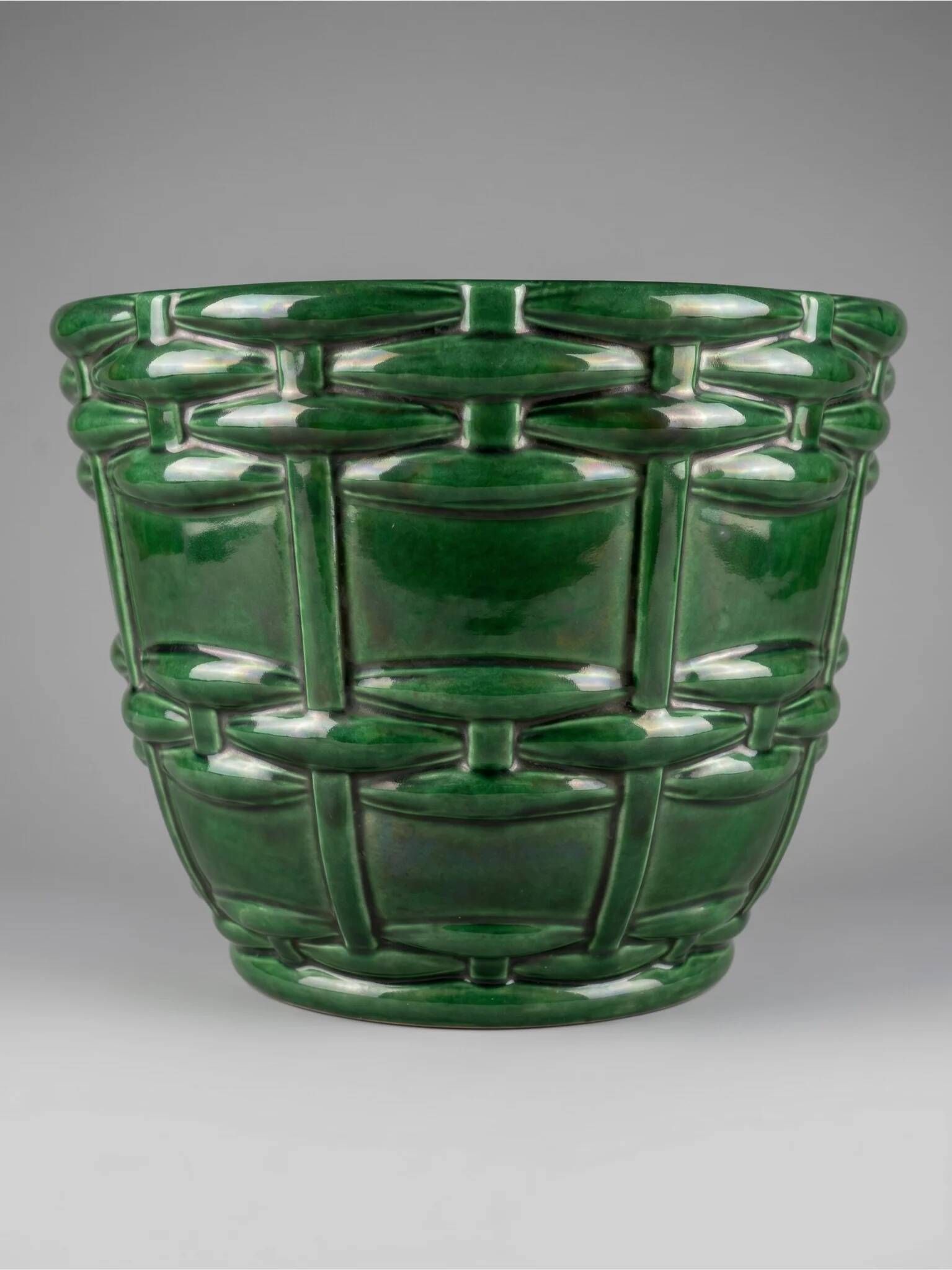 Cache-pot, Art Deco planter by Saint-Clément signed by Blanche Letalle in malachite green glazed ceramic.