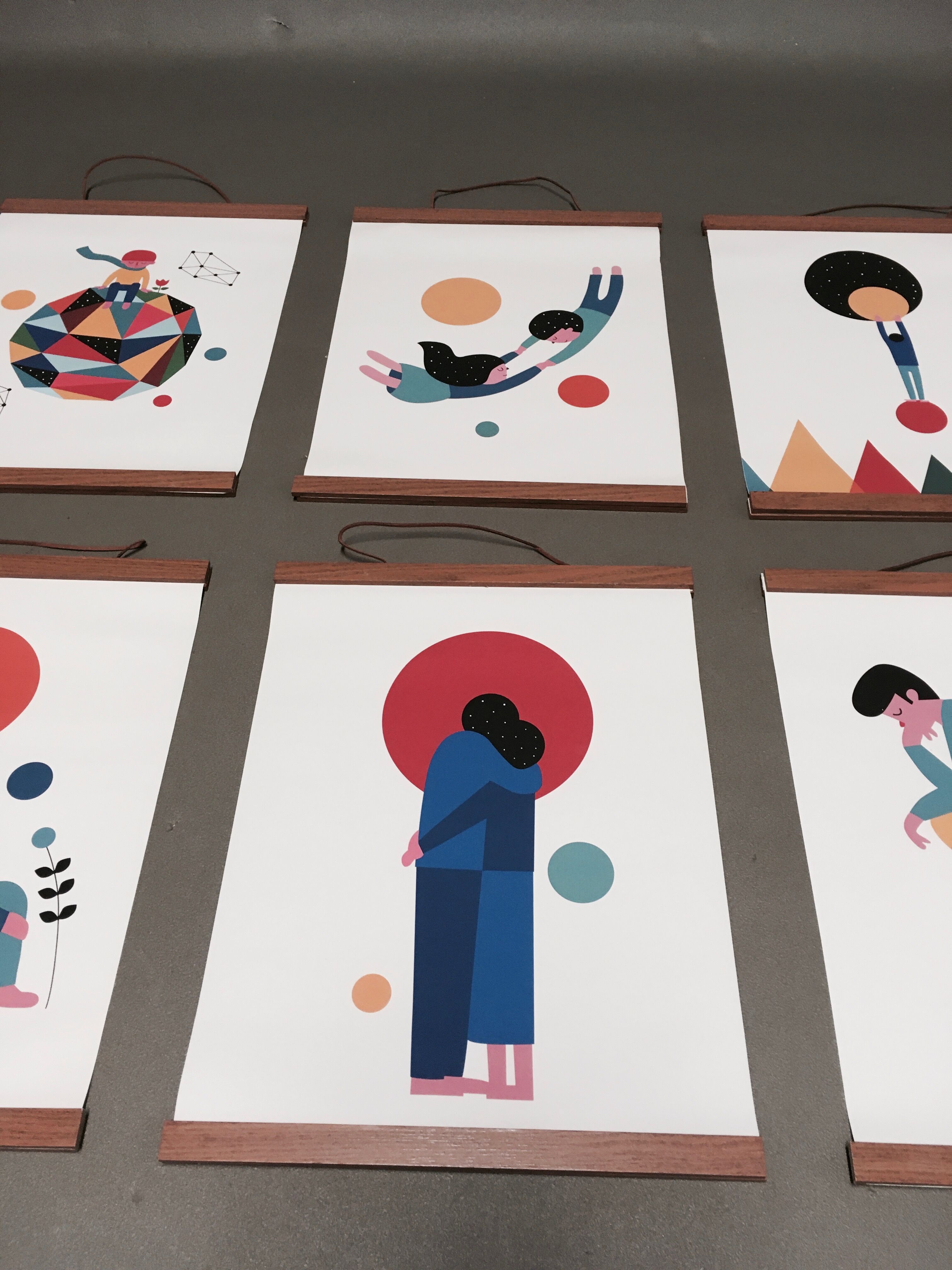 Set of 6 posters in leather and teak Scandinavian design