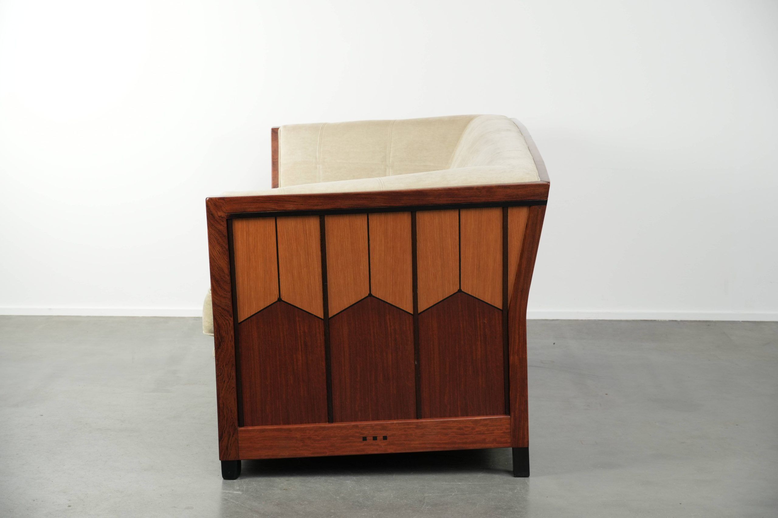 Art Deco design sofa with beautiful woodwork and cream fabric upholstery