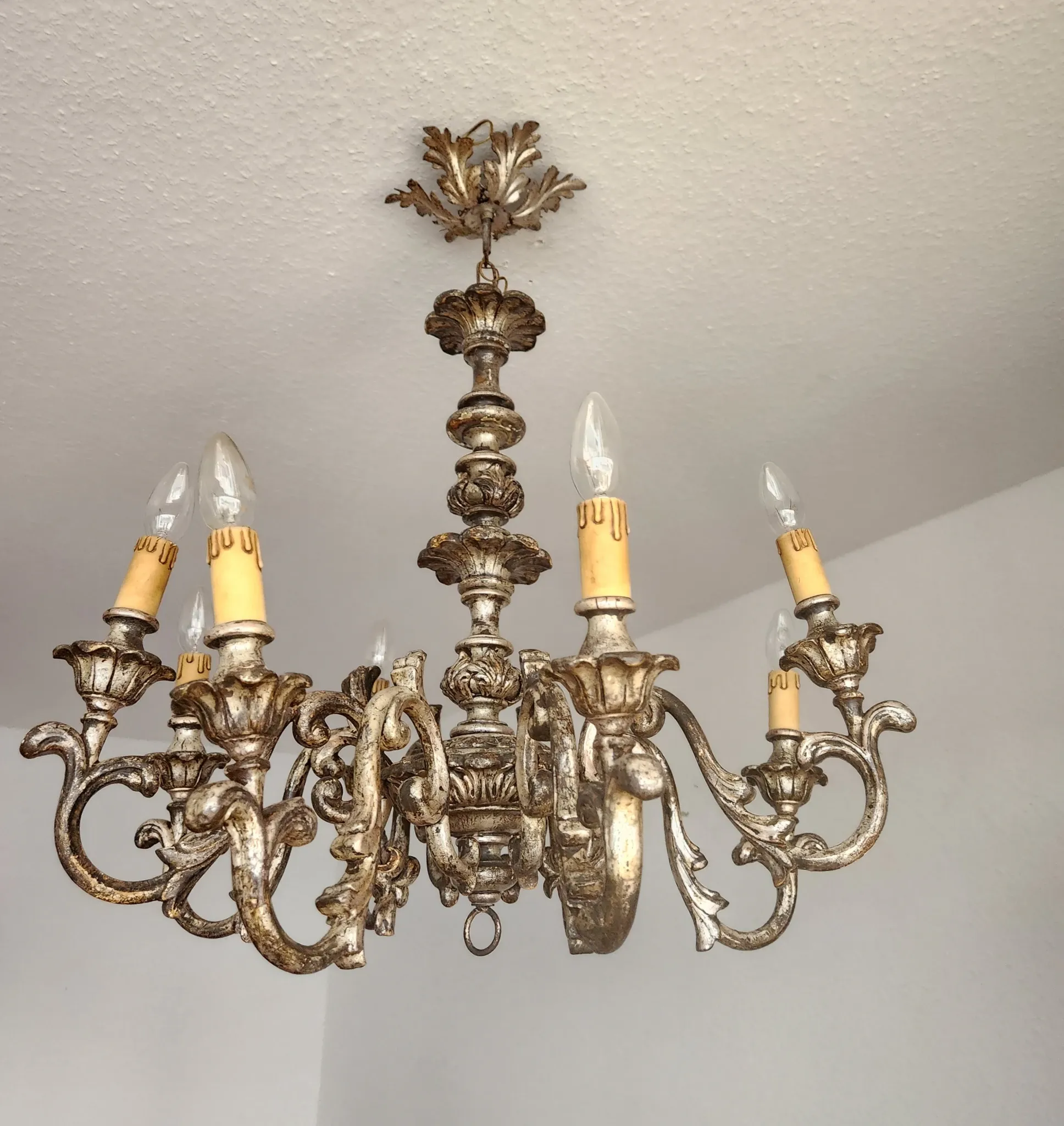 Xl Large Vintage Regency Mid Century Louis XV Baroque Rococo Hand Painted Carved Wood 8 Light Chandelier Floral, Italy, Florence 1920 1950