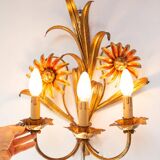 Pair of Italian wall lights in gold metal with flowers and leaves (50 cm)