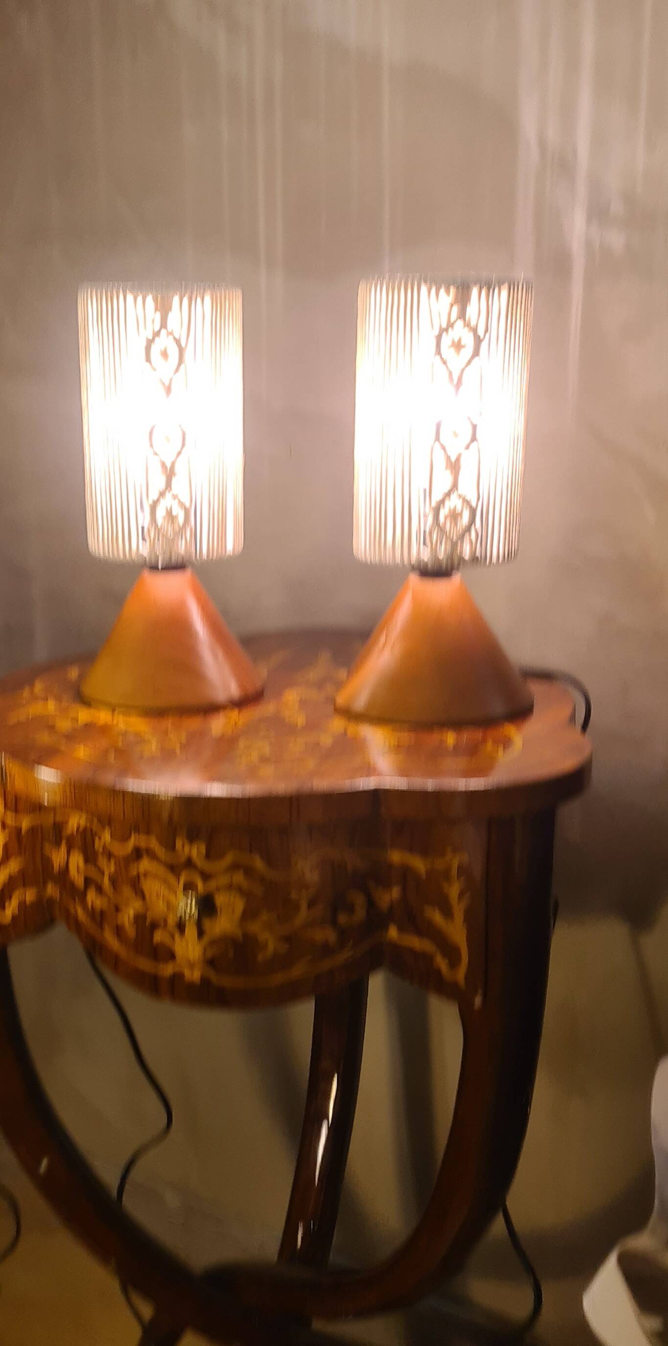 pair of Scandinavian conical wooden lamps with braided cord lampshade 28x12