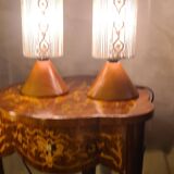 pair of Scandinavian conical wooden lamps with braided cord lampshade 28x12