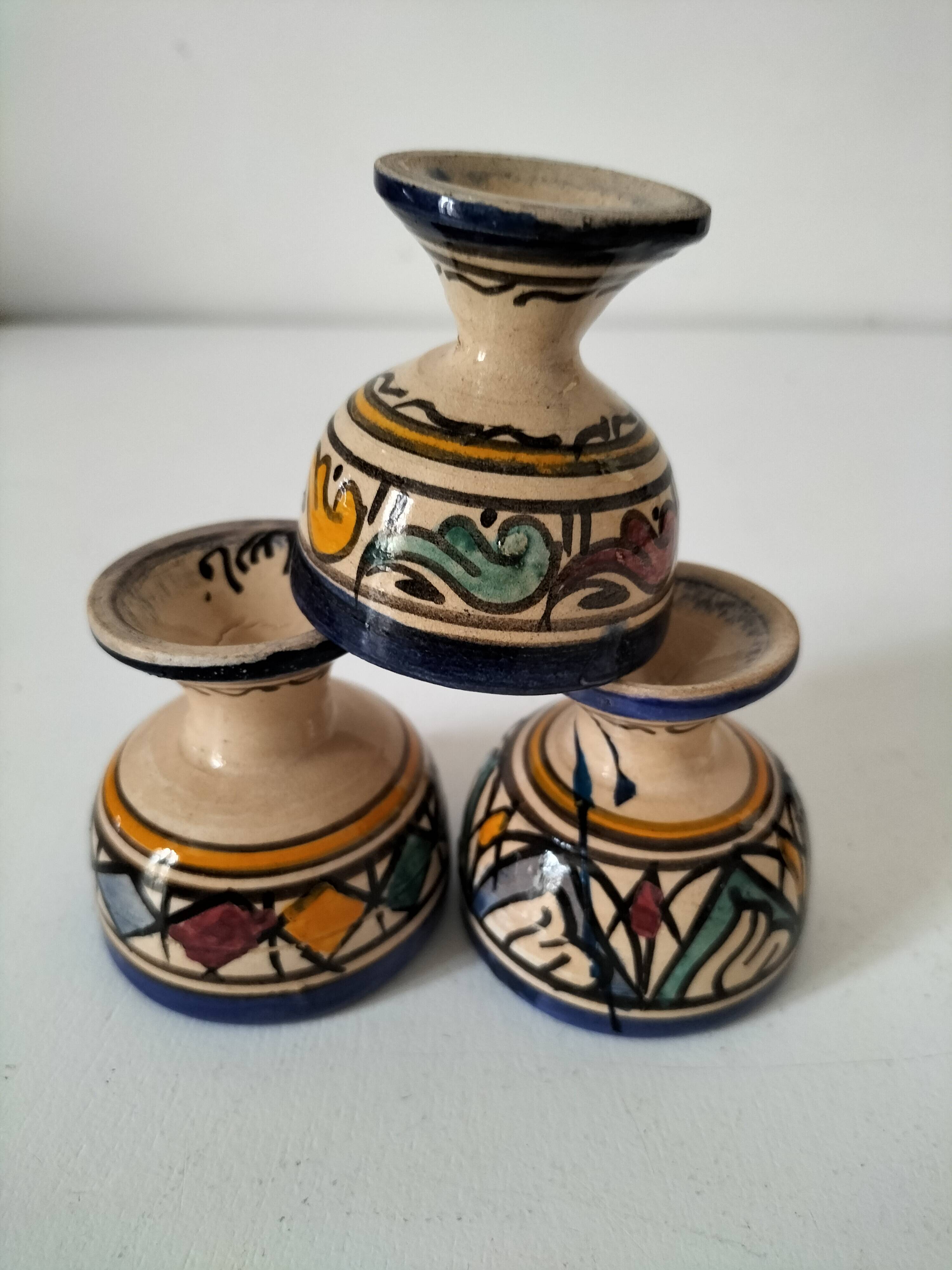 Trio of Moroccan ceramic egg cups from Fez, stamped