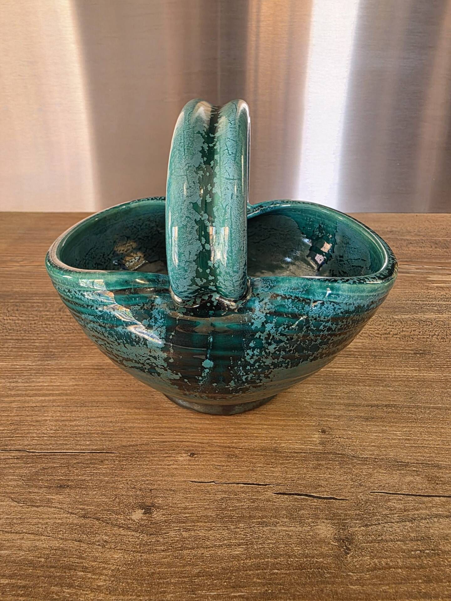 Vintage ceramic basket Accolay turquoise Signed Bull's Head X.C