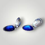 Set of 2 vintage shell butter dishes in stainless steel and cobalt blue glass