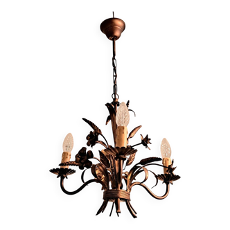 Chandelier with ears of wheat and flowers in gilded metal