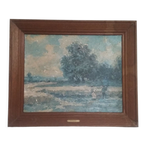 Paysage chasseurs huile sur panneau