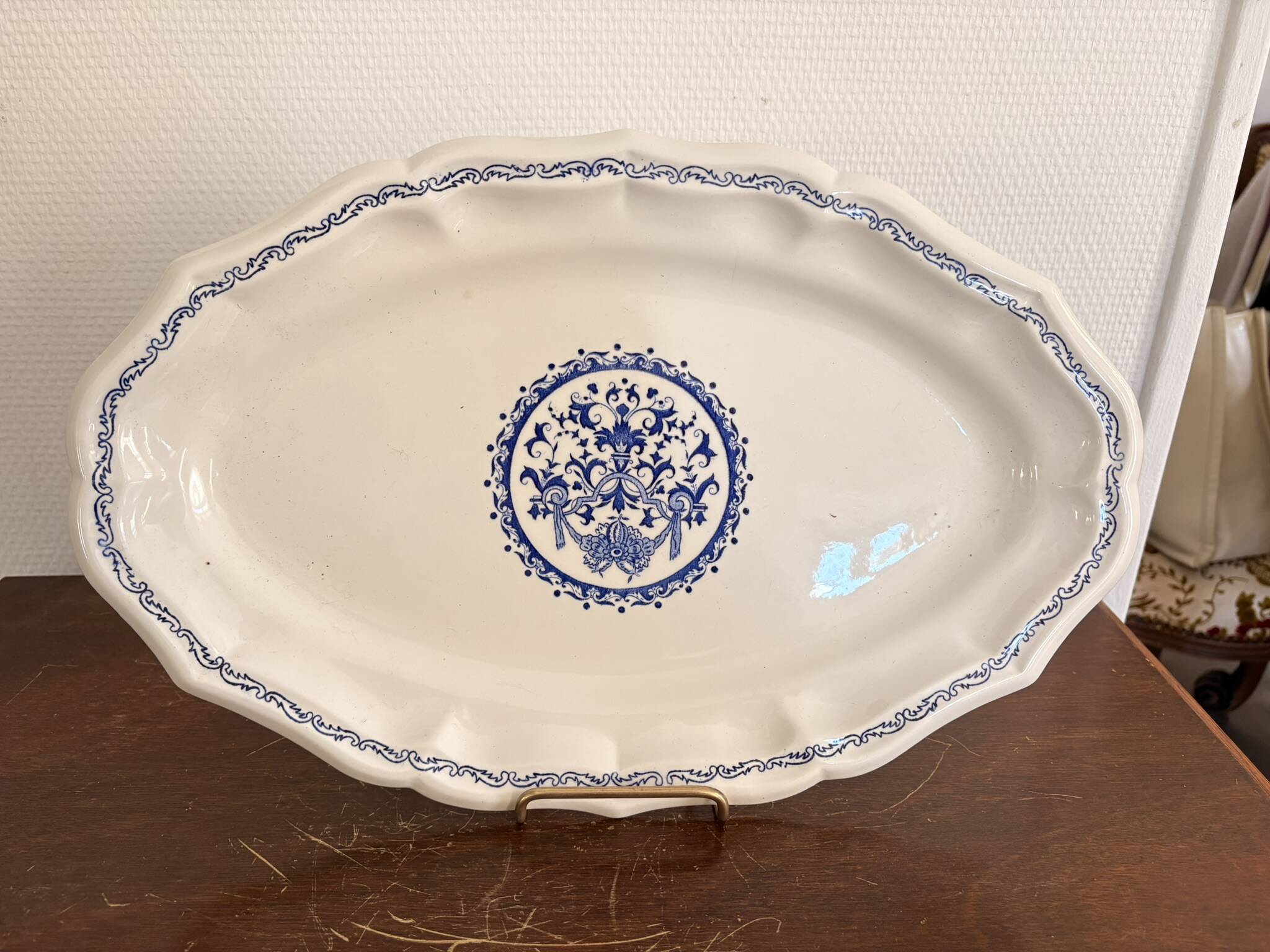 Old Dish Basket Vegetable Dish Earthenware Gien Rouen Renaissance Blue Model