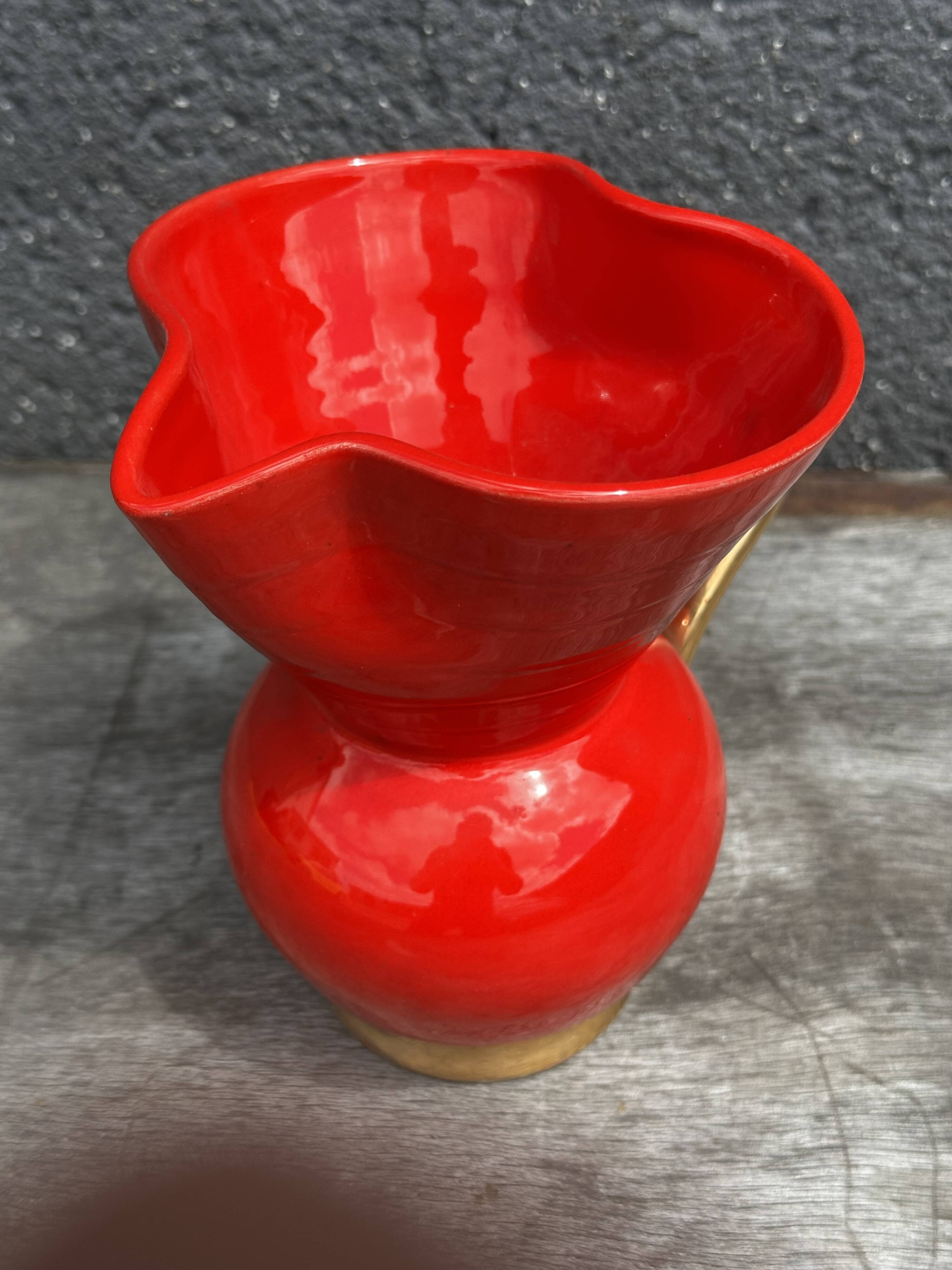 Red Pitcher Vase with Gold Accents Attributed to André Baud - Vallauris