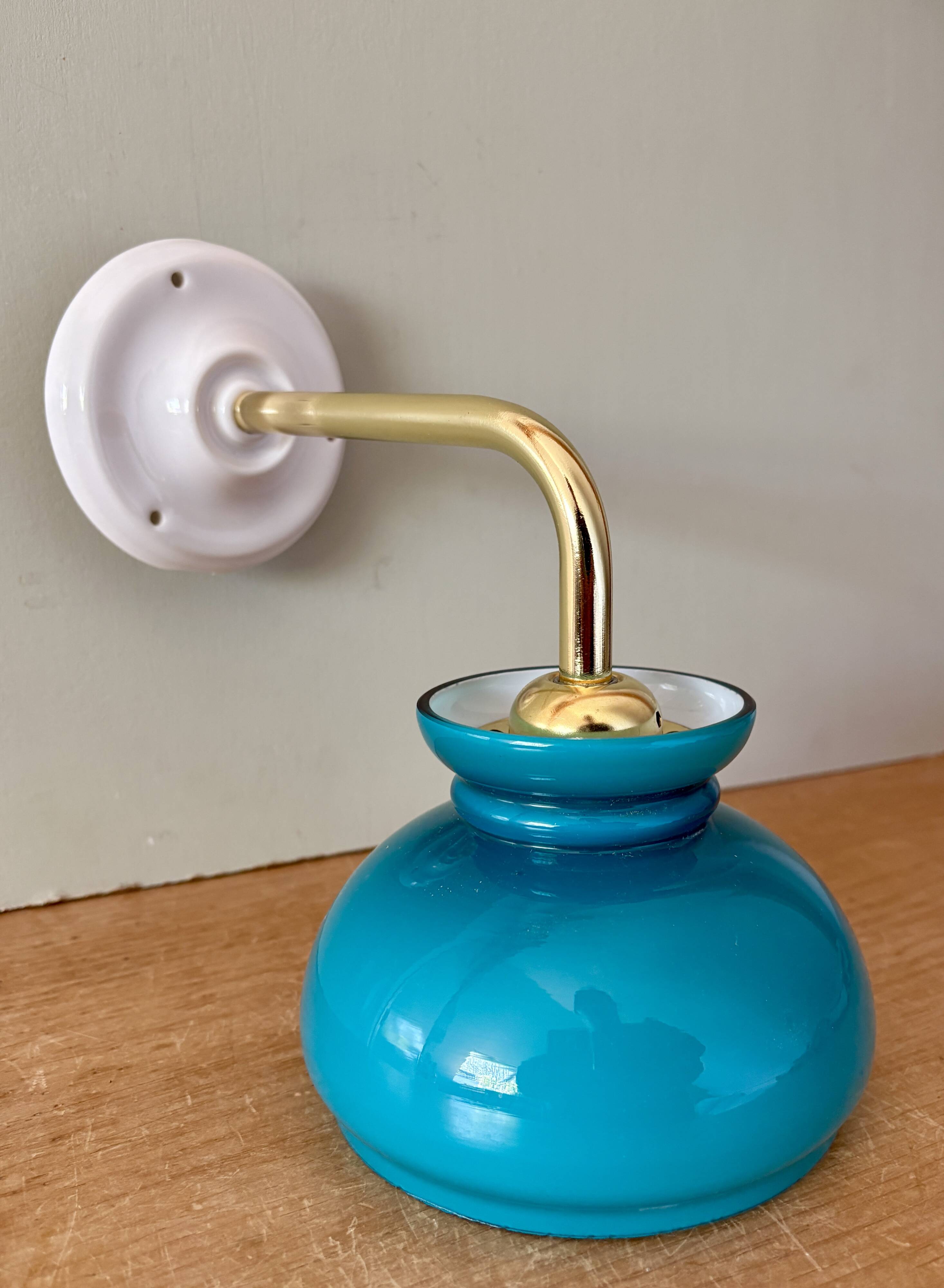 Vintage angled globe wall light in blue opaline