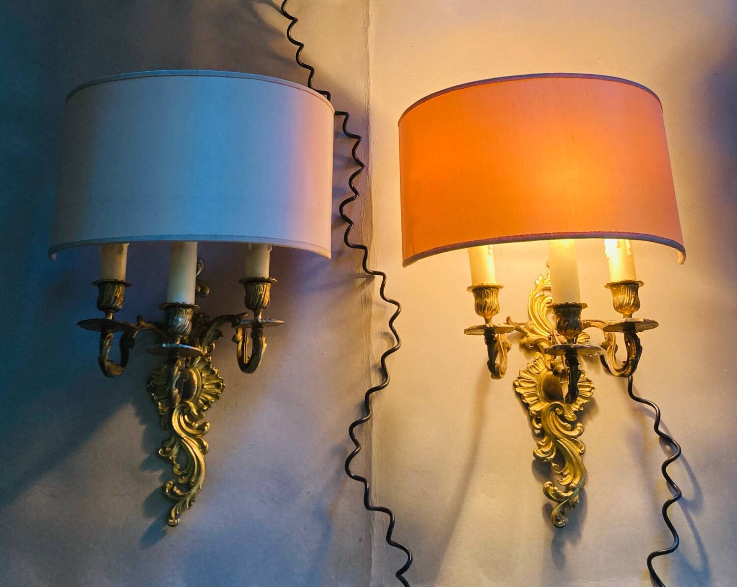 Louis XV gilt bronze wall lights from the 19th century with lampshades