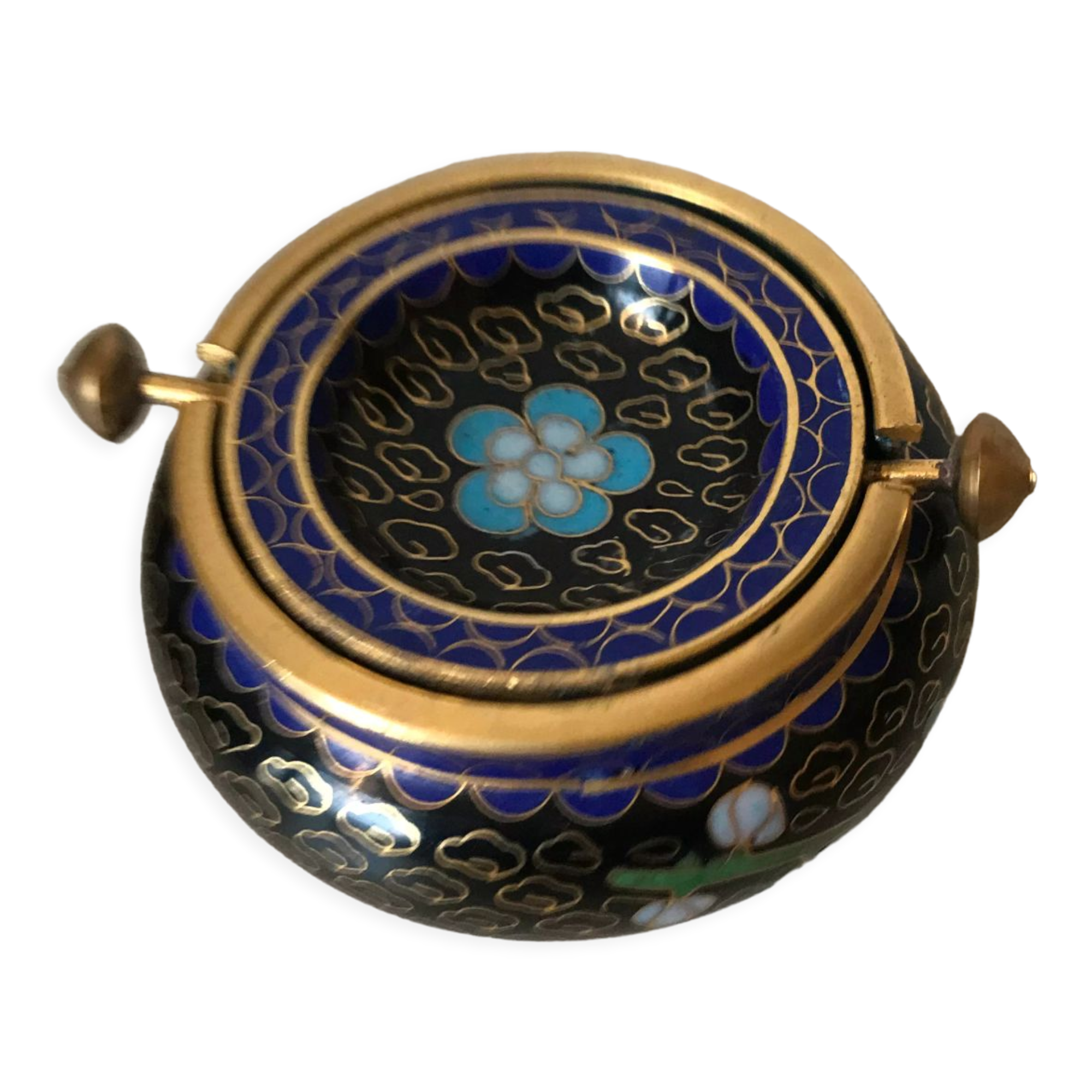 Ashtray burns incense in bronze enamelled floral decoration forget-me-not tones blue and black