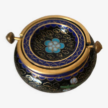 Ashtray burns incense in bronze enamelled floral decoration forget-me-not tones blue and black