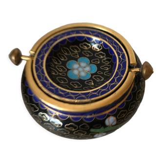 Ashtray burns incense in bronze enamelled floral decoration forget-me-not tones blue and black